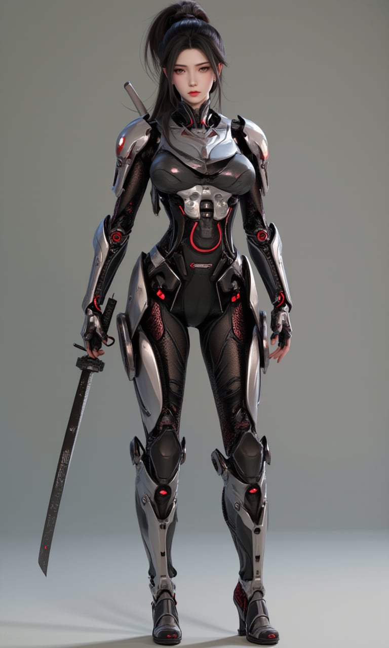 A photorealistic image of a woman,cyborg samurai,mecha body, robot joints, katana,LXflux