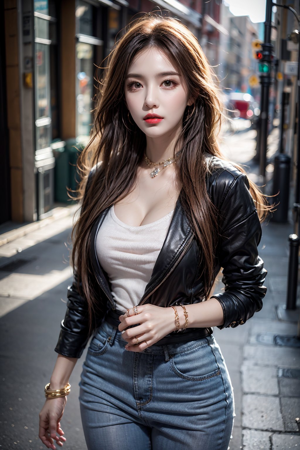 female,masterpiece, realistic, best quality, ultra detailed, waist up, long hair, jewelery, fashionable accessories, red lips, street wear