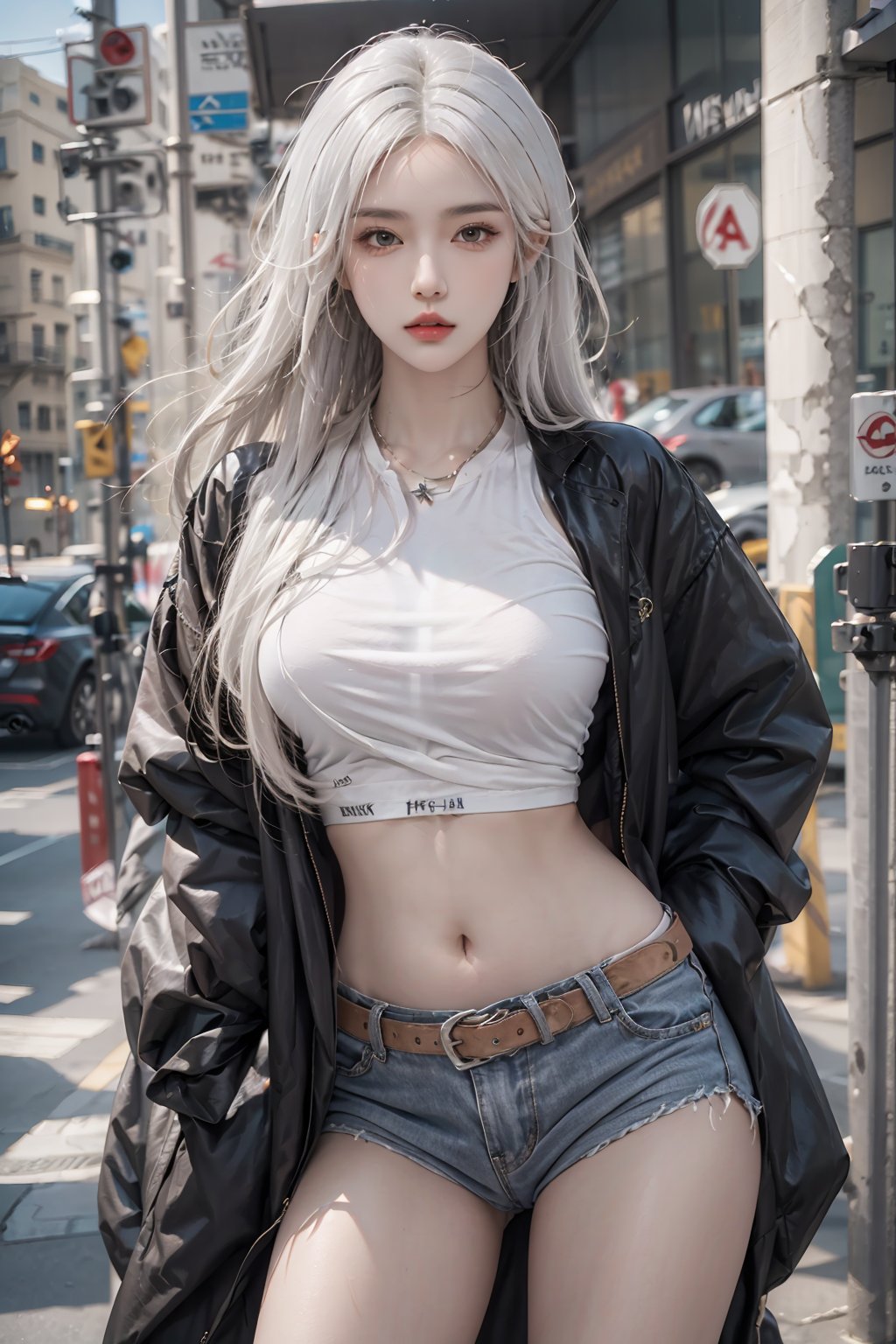 1girl,solo,masterpiece, photorealistic, best quality, hips up,upper_body,cowboy_shot, street wear,highleg style, white_hair