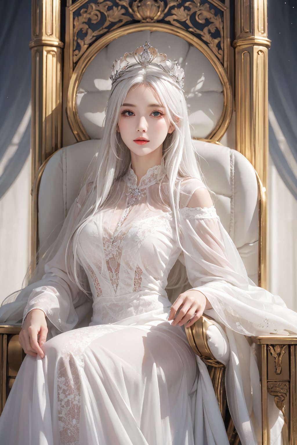 (masterpiece),(best quality),(ultra detailed),1girl,solo,hip up,closed mouth,colored dress,crown,throne,accessories, BREAK
(white hair color:1.05)