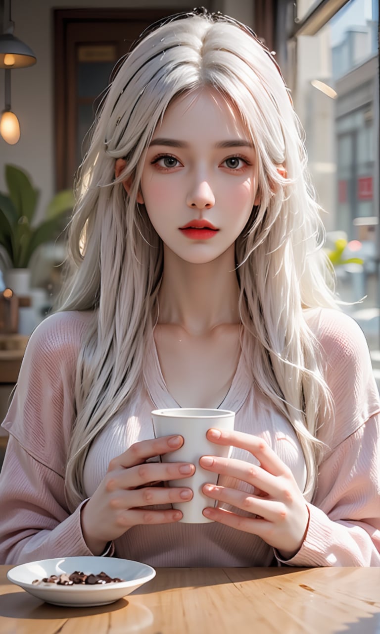 A photorealistic image of a woman in her late 20s with long blonde hair, sitting at a cozy coffee shop table. She is wearing a pastel-colored sweater, holding a cup of coffee with both hands. Her expression is peaceful and content, with soft morning light filtering through the window.ntgirl