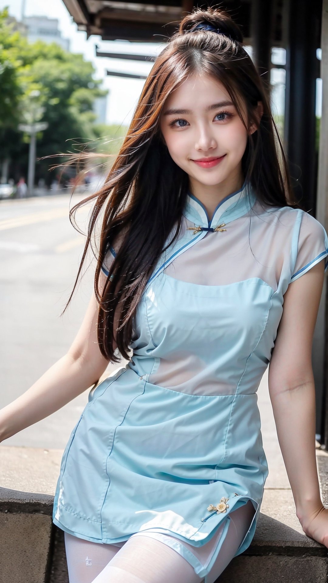 girl,  beautiful body, blue eyes, brown hair, qipao, white qipao, long hair, white , Pantyhose, (Shy:1.5), Embarrassed, chinense clothes, Hair bangs, look at viewer, ,Realism,Portrait,Raw photo, (flirtatious smile), blue eyes, (blue eyes:1.1),QIPAO,Cheongsam,Fashion cheongsam