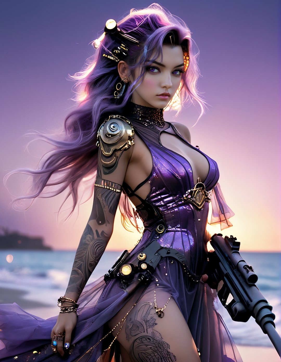 Variation poses of ultra detailed close up illustration of a woman at the seashore after sunset with big gun, tattooed, she wears a flowy holographic dress made of silk and tulle and very glowy,  bioluminiscent,  fantasy art,  dreamlike,  backlit,  dynamic power pose,  ,more detail XL, purple cyberpunk style,Power pose 