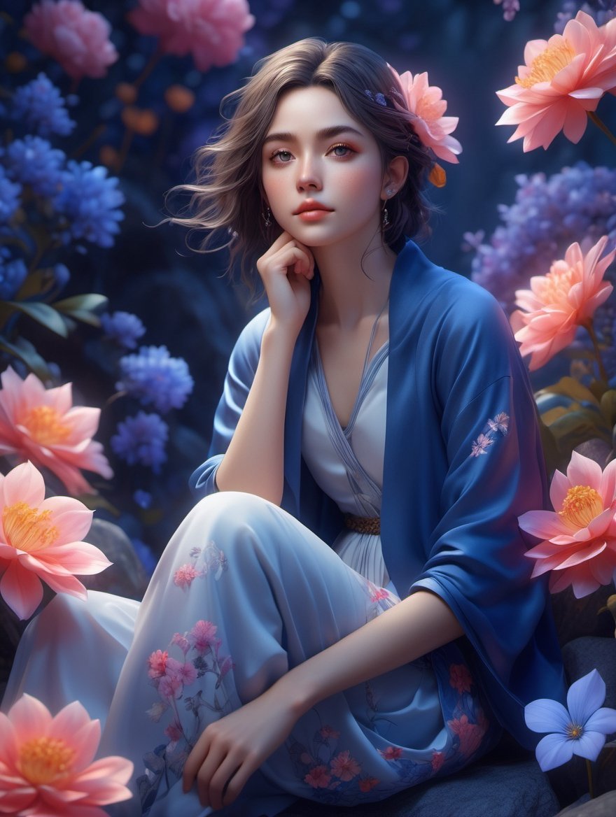 a close up of a person sitting on a rock near flowers, mandy jurgens 8 k 1 5 0 mpx, inspired by Mandy Jurgens, by Mandy Jurgens, style of charlie bowater, realistic anime 3 d style, charlie bowater art style, james jean soft light 4k, james jean soft light 4 k, cgsociety 9,chibi
