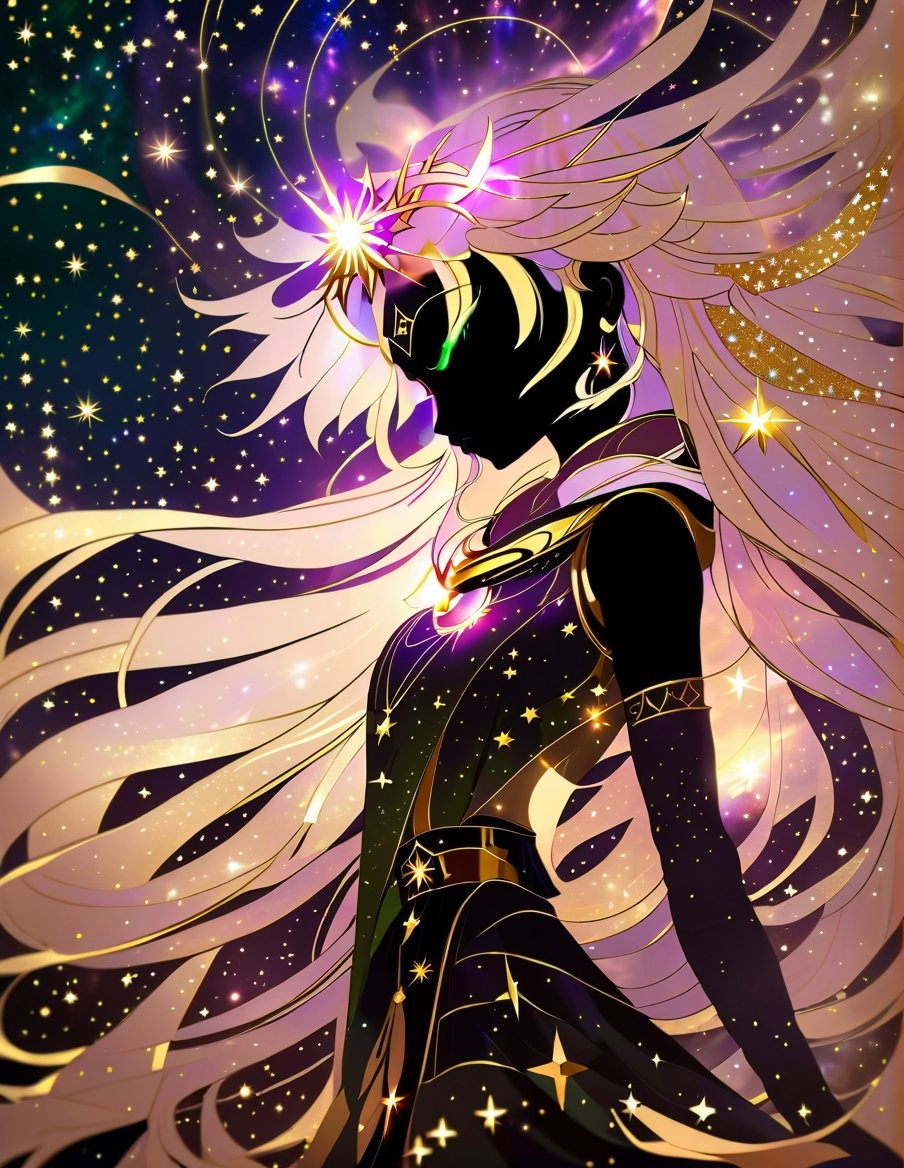 a woman with a dark green flame hair on her head and stars in the background, as the goddess of the universe, golden halo behind her head, golden aura, npc with a saint\'s halo, detailed digital anime art, beautiful gold saint, npc with a saint's halo, stunning anime face portrait, beautiful fantasy art portrait, beautiful anime art style, popular on art station