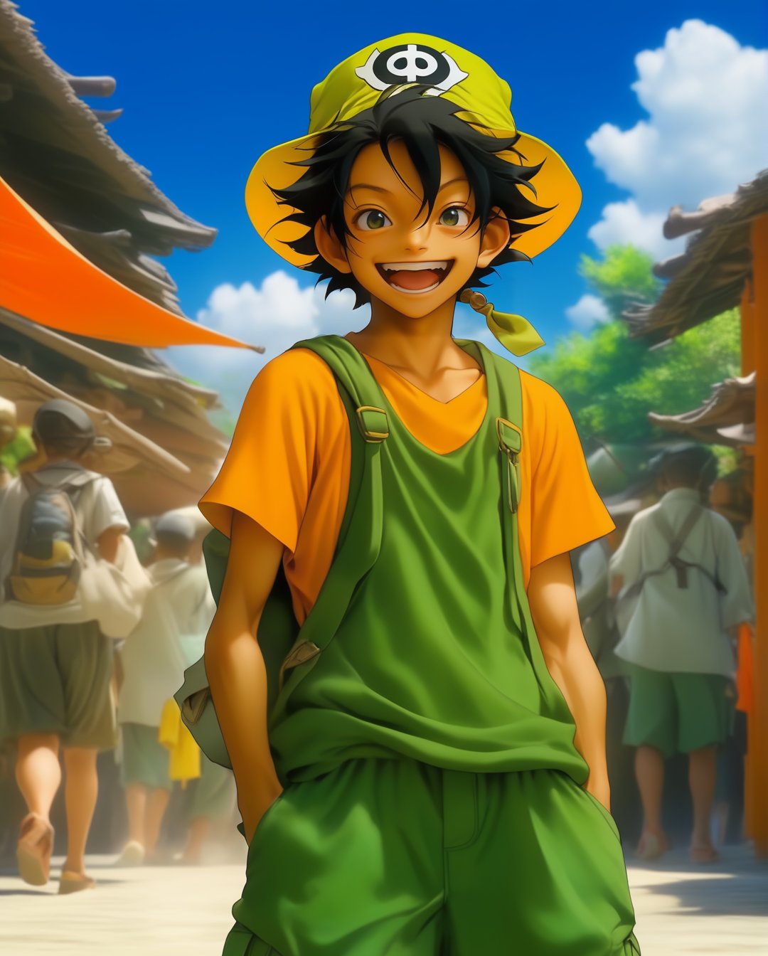 Happy usopp,女孩,旗袍,Dream, 10 year cute boy on a Green cap, orange goggles, green overalls, yellow shirt, in the style of yuumei, realistic hyper - detailed rendering, yumihiko amano, zhang jingna, wiccan, trace monotone, rtx on ,細緻的背景, indian boy, various poses , onepiece anime, 