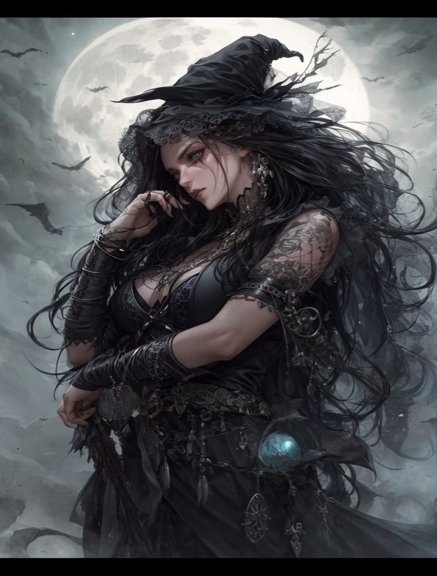 a woman with long black hair standing in front of a full moon, beautiful witch spooky female, gothic fantasy art, beautiful female witch, beautiful witch female, portrait of a dark goddess, style of luis royo, style of lois royo, gothic maiden of the dark, beautiful dark elf countess, dramatic fantasy art, in style of luis royo, gothic maiden shaman, goth woman