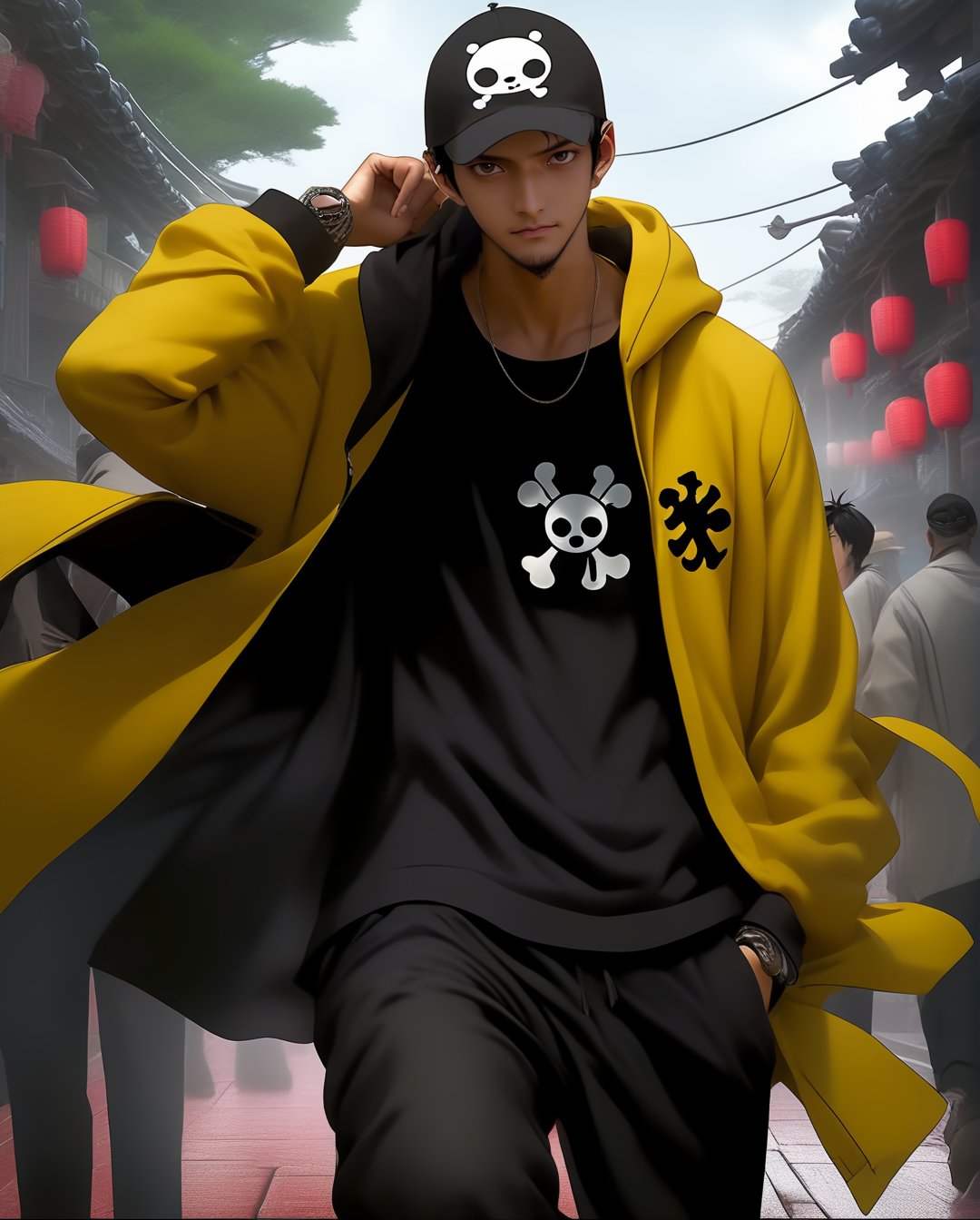 Happy Trafalgar law,女孩,旗袍,Dream, cute man , in the style of yuumei, realistic hyper - detailed rendering, yumihiko amano, zhang jingna, wiccan, trace monotone, rtx on ,細緻的背景, indian boy, various poses , Trafalgar Law's dress style in One Piece Film Red is a modern take on his classic look. He wears a yellow hoodie with black sleeves and a black hood, but the hoodie is now oversized and has a more relaxed fit. He also wears black pants and black boots with his iconic white black cap,