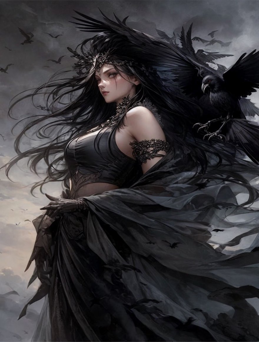 a woman with long black hair and a raven on her shoulder, dramatic fantasy art, by Anne Stokes, beautiful witch spooky female, gothic fantasy art, beautiful female witch, beautiful female sorceress, with a crow on her shoulder, portrait of a dark goddess, beautiful witch female, gothic art, black crows, raven bird, medieval fantasy art, beautiful sorceress