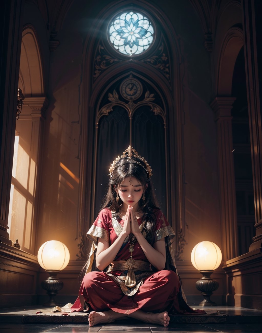 High quality, flawless, 4K, stylized design, analogous color scheme, a devotee seated and praying with both palms joined, indian, whimsical, bio luminescent, fantasy, global illumination, octane renderer, (rim lighting),behisheroine, dynamic camera angle
