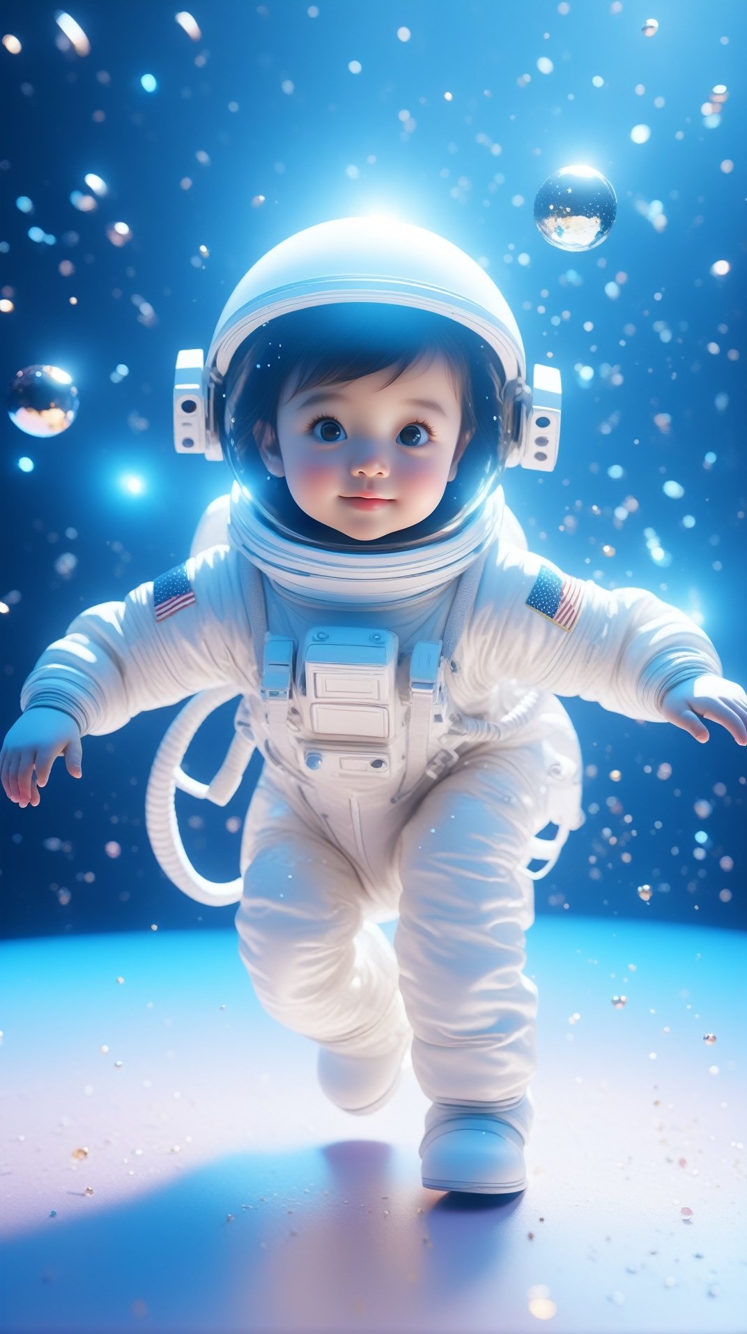 create a cute little kid astronaut dancing with dress made of space, splashed, drips, subsurface scattering, translucent, 100mm,Movie Still,detailmaster2,Film Still,make_3d,aesthetic portrait