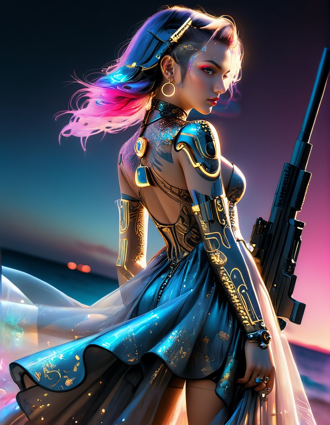 Variation poses of ultra detailed close up illustration of a woman at the seashore after sunset with big gun, tattooed, she wears a flowy holographic dress made of silk and tulle and very glowy,  bioluminiscent,  fantasy art,  dreamlike,  backlit,  dynamic power pose,  ,more detail XL, gold neon blue red crystal cyberpunk style,Power pose , cyberpunk 