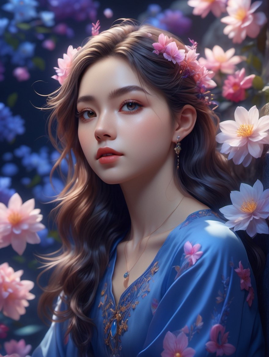 a close up of a person sitting on a rock near flowers, mandy jurgens 8 k 1 5 0 mpx, inspired by Mandy Jurgens, by Mandy Jurgens, style of charlie bowater, realistic anime 3 d style, charlie bowater art style, james jean soft light 4k, james jean soft light 4 k, cgsociety 9,chibi