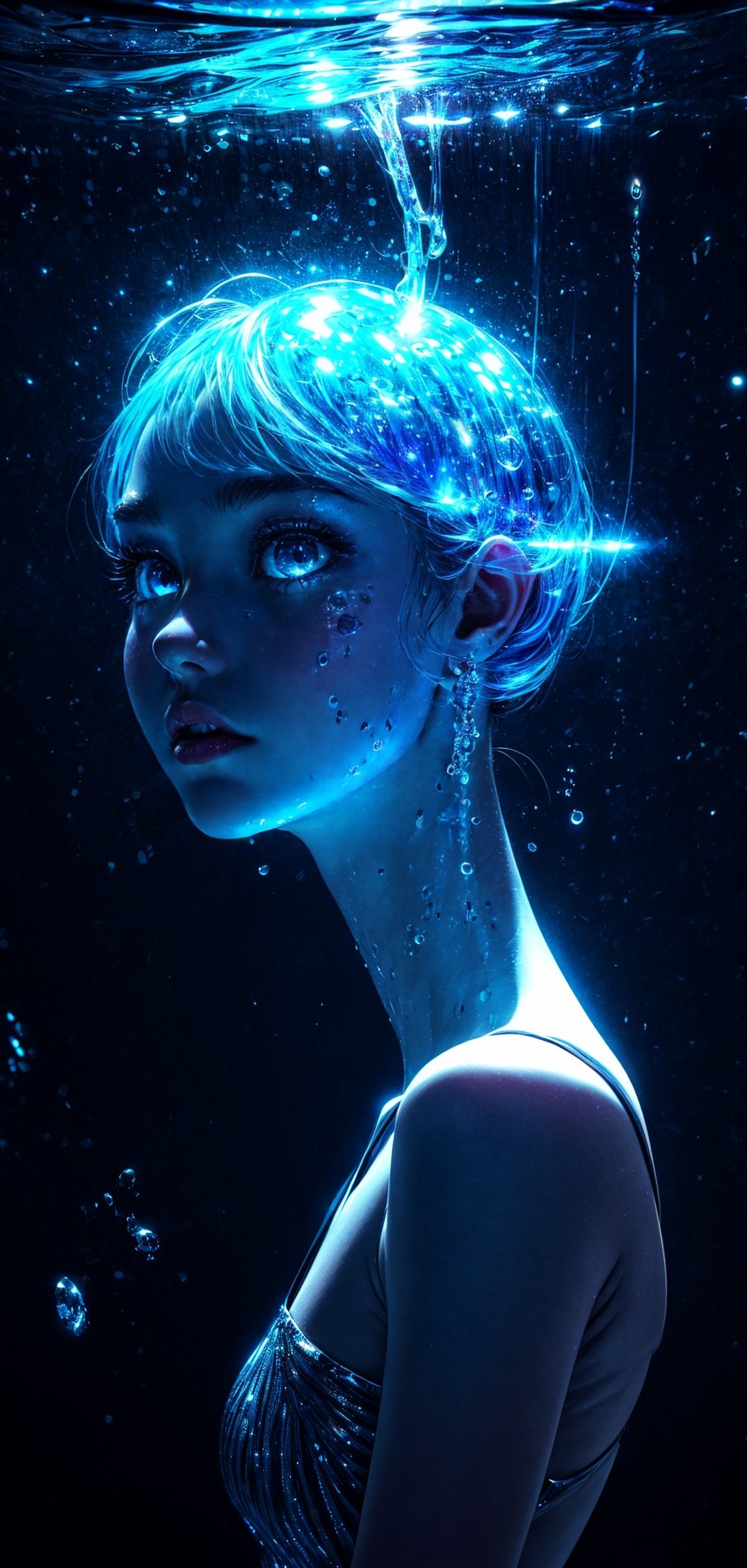 (masterpiece, best quality,4k resolution),
(Mysterious close-shot of a nixie from side), 
Rolando glistening scales reflecting moonlight,
deep blue eyes filled with secrets of the deep galaxy,
water droplets on her skin shimmering like diamonds,
Rolando looks back at the camera,DisembodiedHead