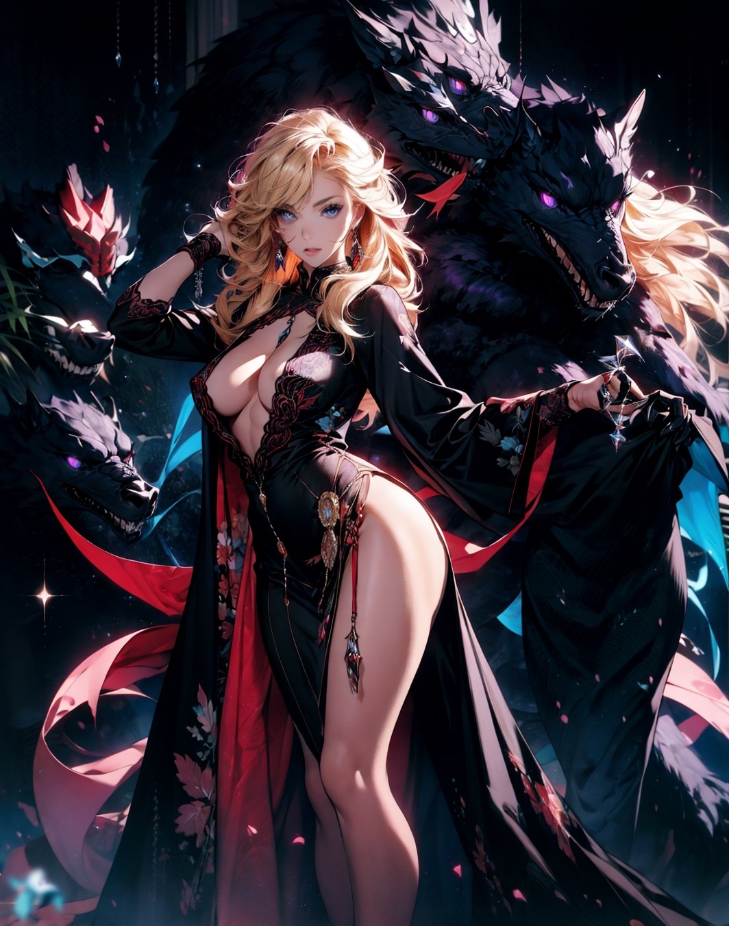 One female, (bright purple eyes), "pupils glowing purple", two color hair, ("black hair, blonde highlights"), very_long_hair, large_breasts, thicc_thighs, "red luxurious dress", deep v-cut, , (fullbody), (beautiful detailed face, beautiful detailed eyes), High contrast, (best illumination, an extremely delicate and beautiful)