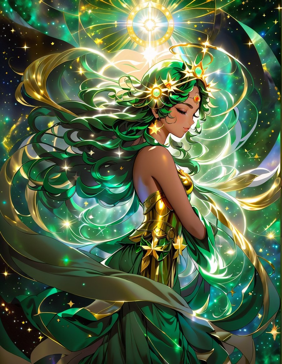 a woman with a dark green flame hair on her head and stars in the background, as the goddess of the universe, golden halo behind her head, golden aura, npc with a saint\'s halo, detailed digital anime art, beautiful gold saint, npc with a saint's halo, stunning anime face portrait, beautiful fantasy art portrait, beautiful anime art style, popular on art station