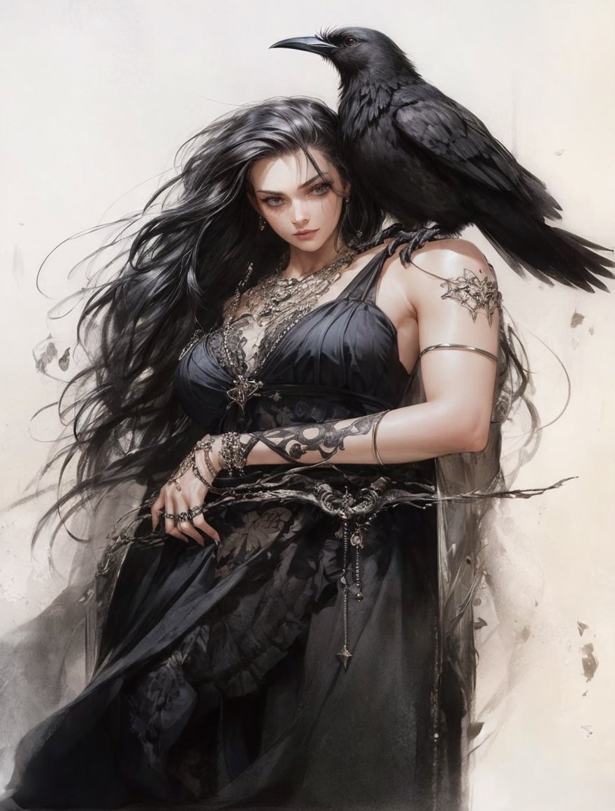 a drawing of a woman with a crow on her shoulder, style of luis royo, hyperrealistic luis royo, by Luis Royo, in style of luis royo, style of lois royo, beautiful female sorceress, hyperrealistic photo luis royo, beautiful sorceress female, inspired by Luis Royo, morrigan, luis royo and alex ebel, gothic fantasy art