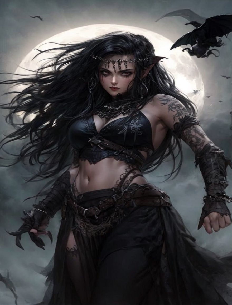 a woman with long black hair standing in front of a full moon, gothic maiden shaman, female vampire warrior, gothic fantasy art, dark fantasy character design, beautiful witch spooky female, dark witch character, in style of luis royo, beautiful witch female, a very beautiful berserker woman, style of luis royo, beautiful dark elf countess, gothic wraith maiden