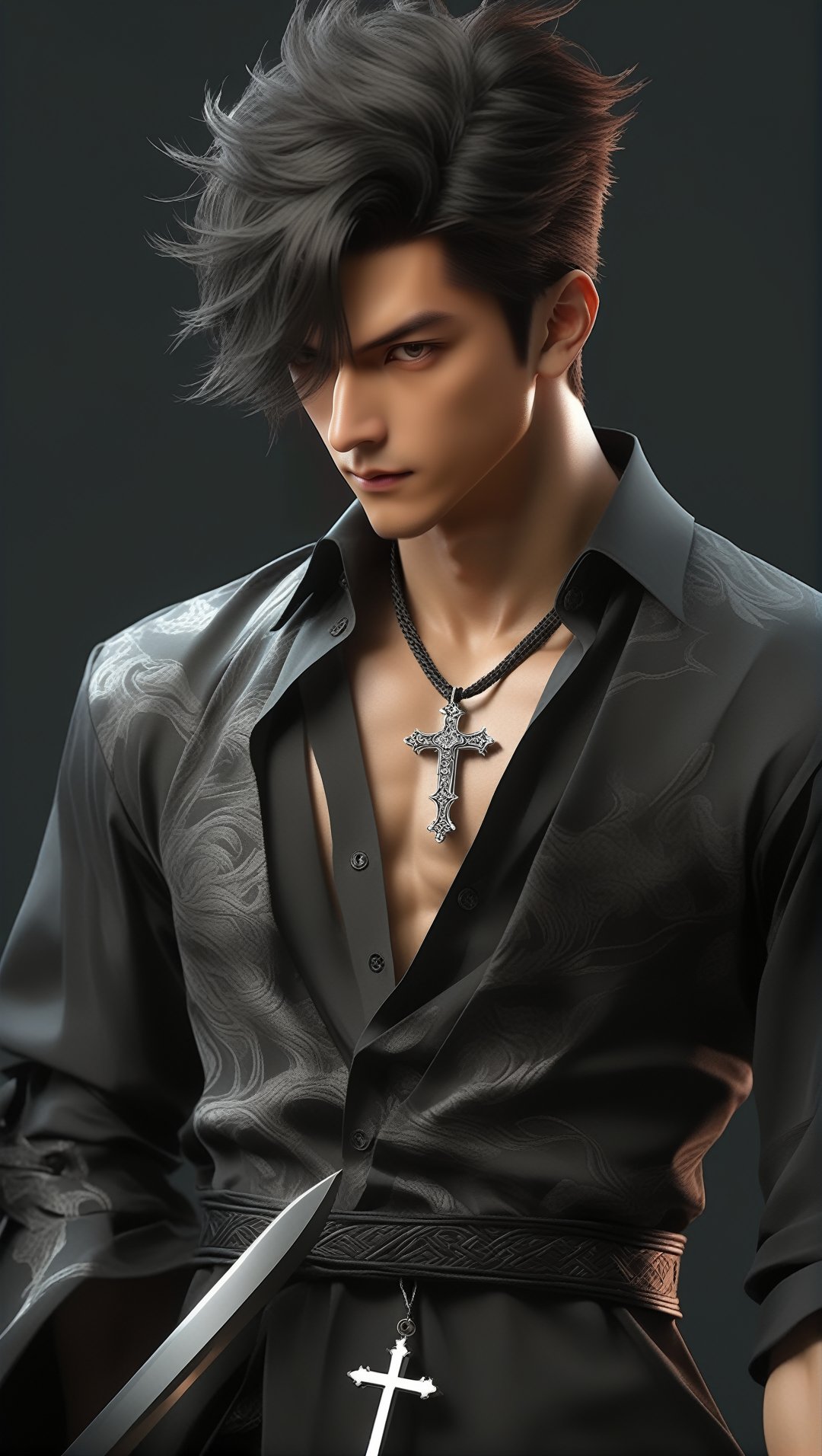 Angry Dracue lmihawk,女孩,旗袍,Dream, cute man with his big giant black sword, on a  his iconic dress , big cross pendant in the style of yuumei, realistic hyper - detailed rendering, yumihiko amano, zhang jingna, wiccan, trace monotone, rtx on ,細緻的背景, indian boy, various poses , 