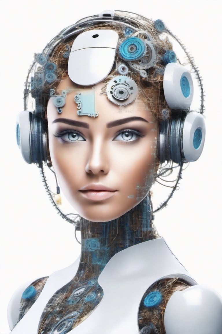 feamale chatbot with gears and circuits for brain looking forward on pure white background 

