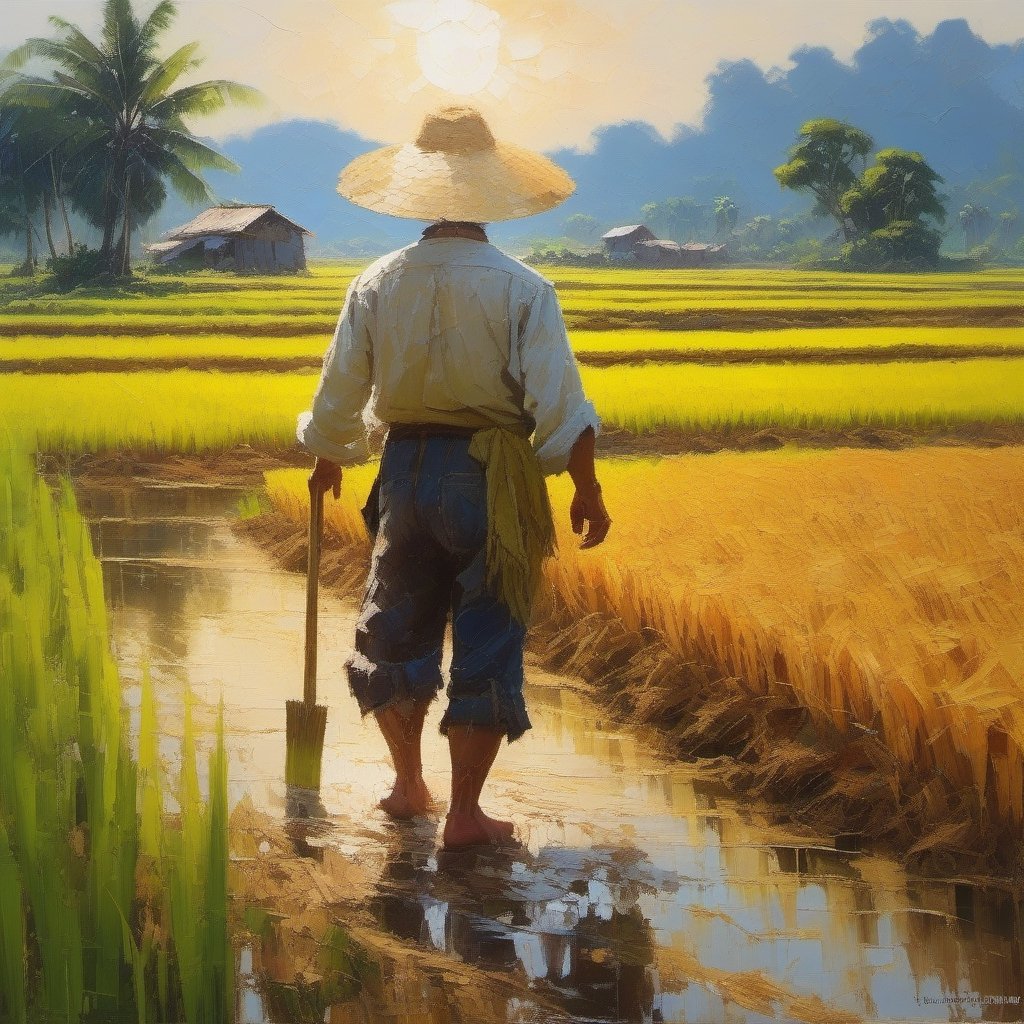Palette knife oil painting , a farmer, in the rice field , sun , beautiful , ultra clear, beautiful , unreal engine 5 , facing camera