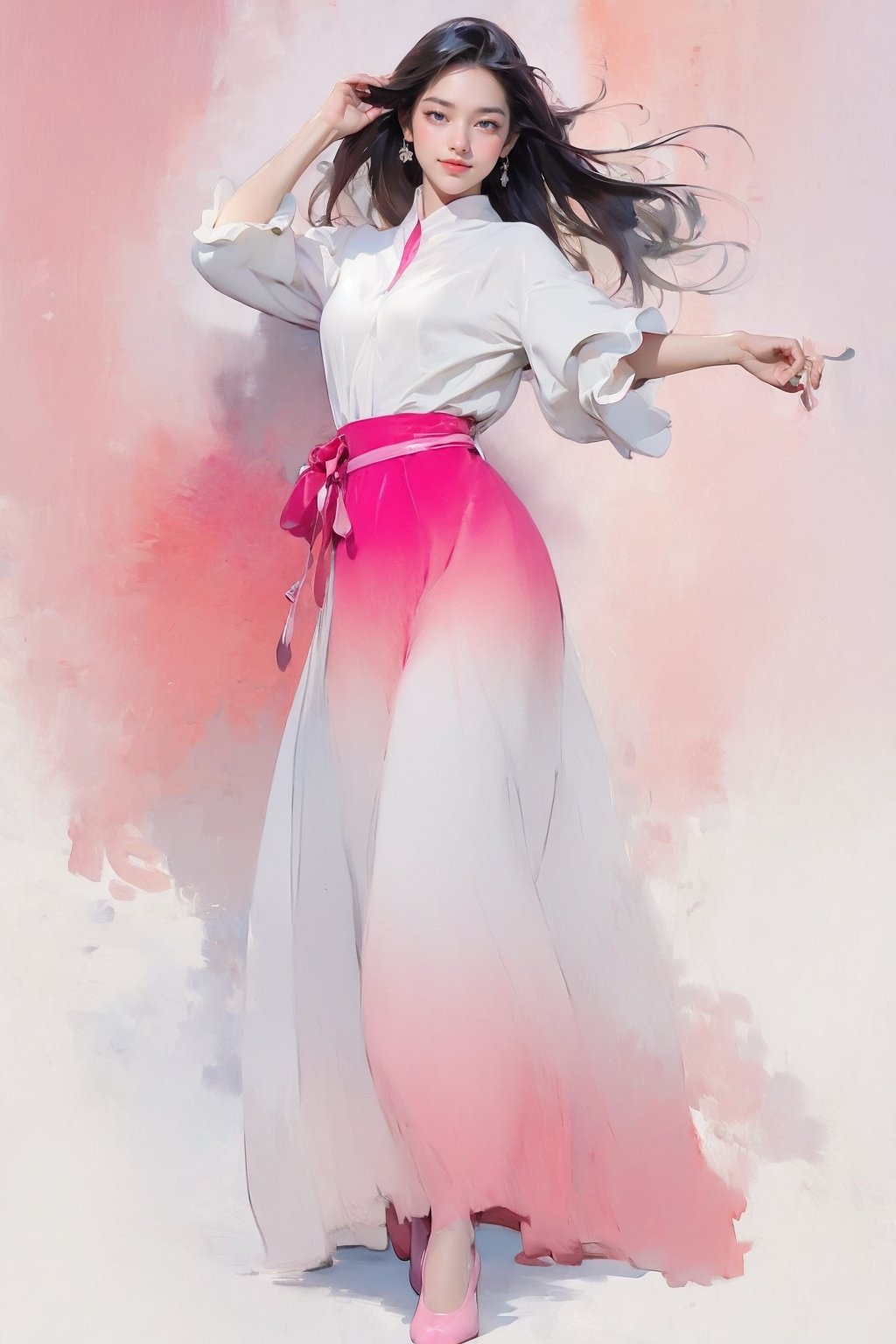 extreme detailed, (masterpiece), (top quality), (best quality), (official art), (beautiful and aesthetic:1.2), (stylish pose), (1 woman), (colorful), (burgundy-pink white theme: 1.5), ppcp, medium length skirt, 	looking into distance, long wave black hair, ((gradient monochrome from top 50% to bottom 100%)) , random stylish pose, light smile, ((dancing joyfully and gracefully)),
perfect,ChineseWatercolorPainting,Chromaspots,fairy,pastelbg,ink,NJI BEAUTY,red dress,wat3rc0l0r