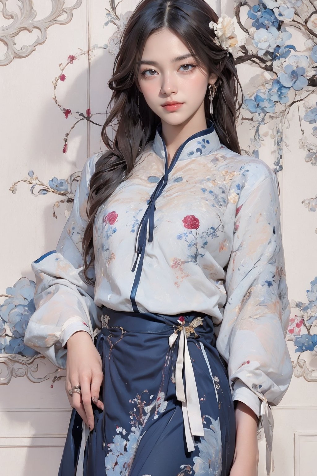 extreme detailed, (masterpiece), (top quality), (best quality), (official art), (beautiful and aesthetic:1.2), (stylish pose), (1 woman), (colorful), (burgundy-blue white theme: 1.5), ppcp, medium length skirt, 	looking into distance, long straight black hair, 
perfect,ChineseWatercolorPainting,Chromaspots,fairy,pastelbg,ink,NJI BEAUTY,red dress,adress2