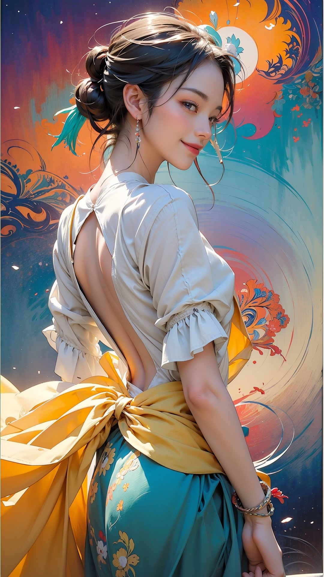 extreme detailed, (masterpiece), (top quality), (best quality), (official art), (beautiful and aesthetic:1.2), (stylish elegant pose, dreaming smile), (1 woman), (fractal art:1.3), back view, (colorful theme: 1.7), strong light, sun flare,   ppcp, medium skirt, wearing Braided bracelet, ((face close up)), perfect,ChineseWatercolorPainting