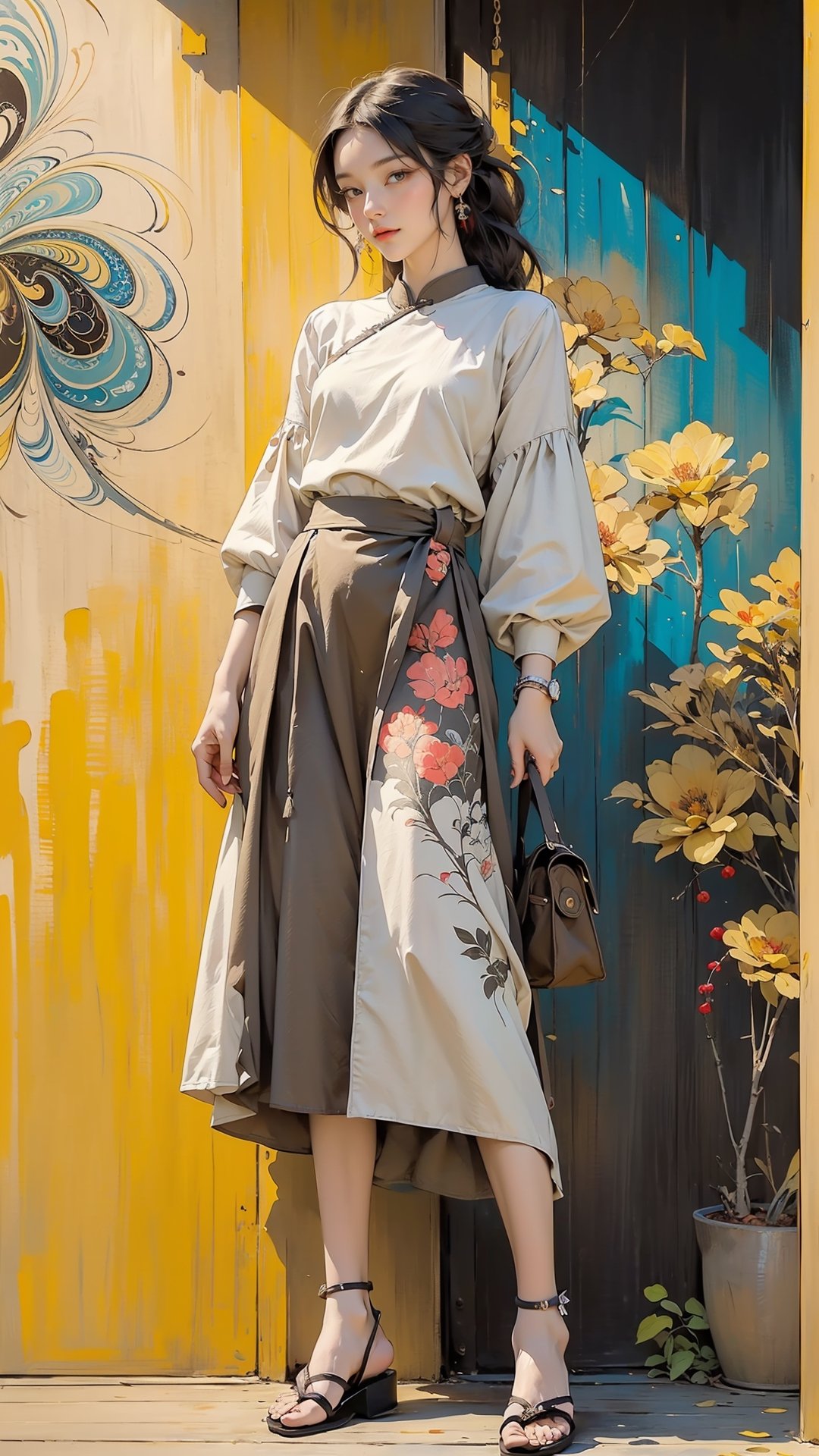 extreme detailed, (masterpiece), (top quality), (best quality), (official art), (beautiful and aesthetic:1.2), (stylish pose), (1 woman), (fractal art:1.3), (colorful), (multi-colored theme: 1.5),  wearing sandals, a 
yellowish brown Chinese shoulder folk-custom bag, wear a contextured anklet, strong light, light flare,  ppcp, medium skirt,perfect,ChineseWatercolorPainting