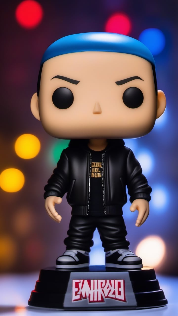 A vibrant big head Funko Pop eminem figure in a studio setting , blurred white lights