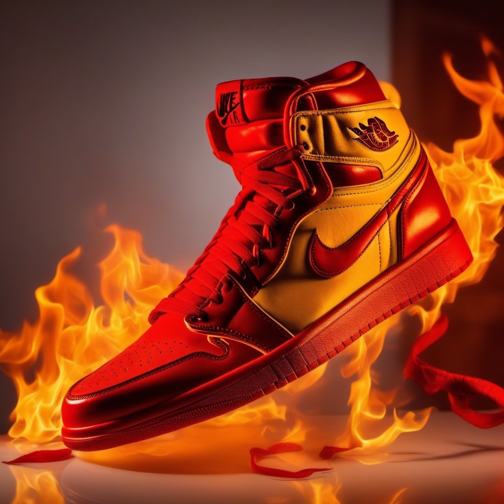 nike air jordan 1 themed fire, colored red and yellow like fire, detailed with flames on shoe, burning house, photo studio, studio lights