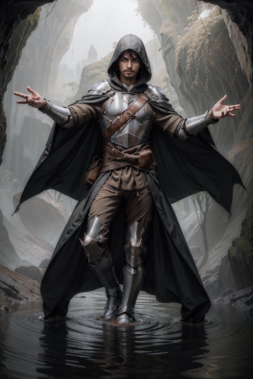 (Dynamic_pose:1.5), (Full_body_shot), (facial_hair), (colorful_cloak), (Male:1.3), (knight), (hooded_cloak), (short_hair), (dark_hair), (fantasy_armor), (flooding_cavern), (cloak), high detail, best quality, sharp eyes, detailed eyes, 4k, semi realistic, high resolution, high quality, 