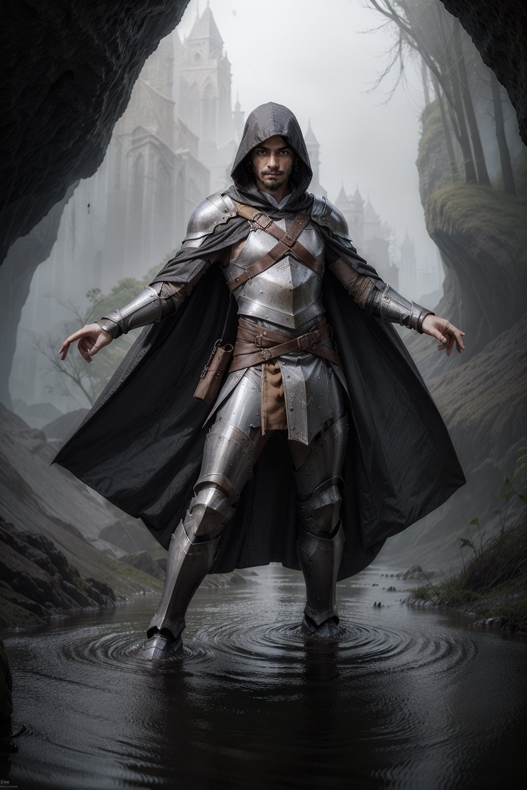 (Dynamic_pose:1.5), (Full_body_shot), (facial_hair), (colorful_cloak), (Male:1.3), (knight), (hooded_cloak), (short_hair), (dark_hair), (fantasy_armor), (flooding_cavern), (cloak), high detail, best quality, sharp eyes, detailed eyes, 4k, semi realistic, high resolution, high quality, 