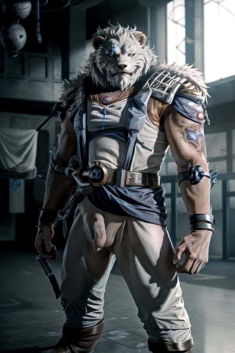 (best quality, high quality):1.3, a antho-lion man wearing male scifi outfit fighting bravely, realistic combat pose:1.3, holds weapon, solo, realistic hold katana movement, symmetric lion head face, realistic fur and mane with dynamic movement, dynamic view, colorful, very clear, very smooth, indoors, absurdres, intricate, real life, perfect lionman anatomy, accurate paws and tail, cinestill, ,weapon,Volibear/(League of Legends), (male only:1.4), (male clothes only:2)