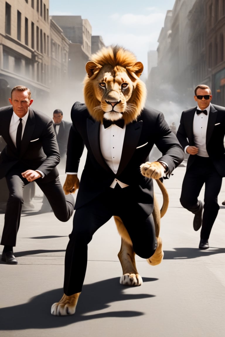 3d Anthro Lion Man wearing "James Bond tuxedo" fighting thugs, realistic fur, realistic lion paws and tail movement, James Bond 007 movie style, high action scene, very cinematic, grafitti on a very busy urban street, bright day, ,Movie Still,greg rutkowski,Film Still