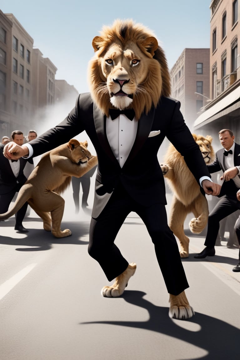 3d Anthro Lion Man wearing "James Bond tuxedo" fighting thugs, realistic fur, realistic lion paws and tail movement, James Bond 007 movie style, high action scene, very cinematic, grafitti on a very busy urban street, bright day, ,Movie Still,greg rutkowski,Film Still,Cinematic,Monster