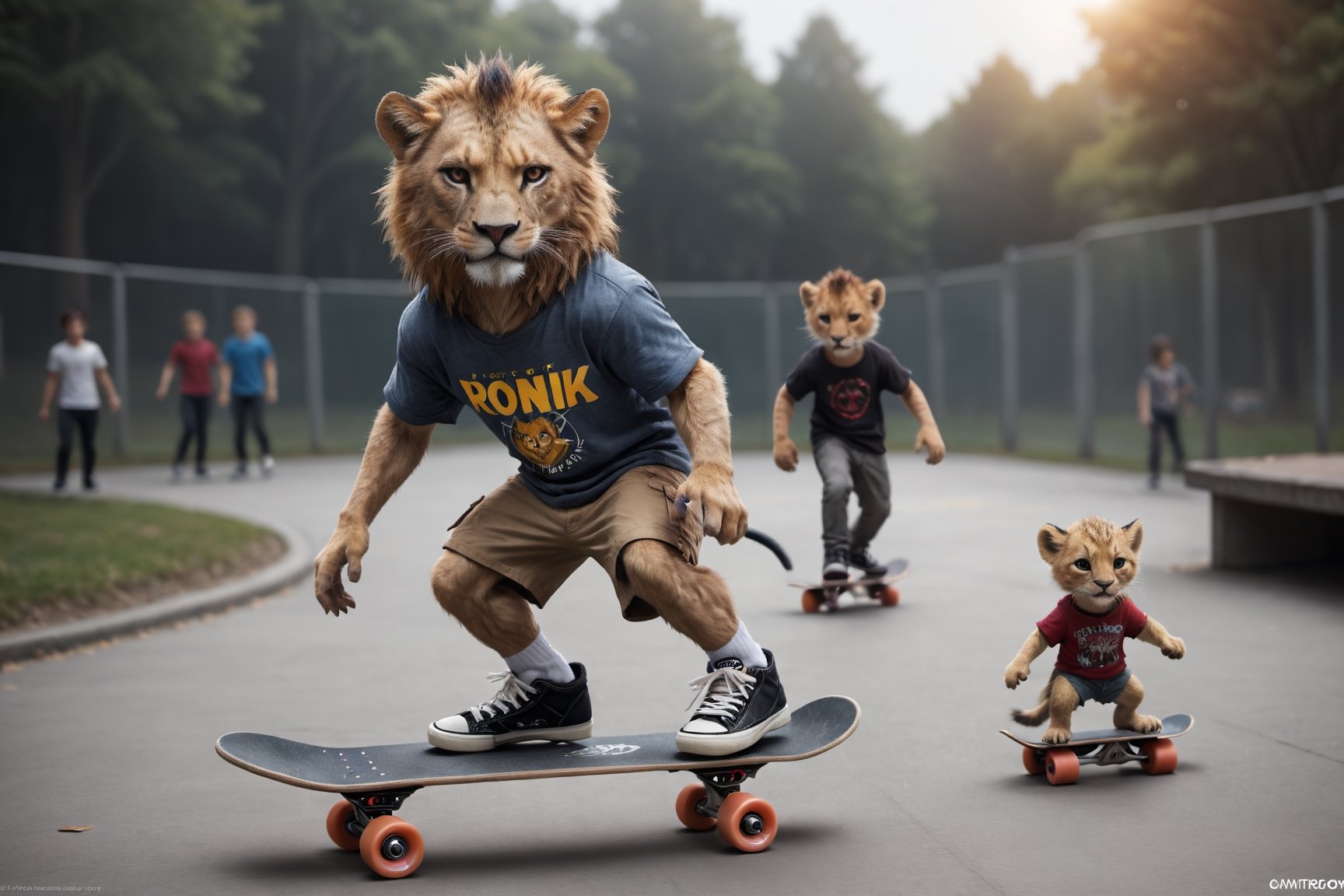 Top Anthro-Lionman wearing male skater clothes skateboarding at the punk park with lion cubs with their toys, we love you, best quality, creative, best handsome cute lion, best lion anatomy, very well formed pawns and tail and mane, very symmetric male lion head, ultra resolution, very detailed, real life, new, newest, fun, 🦁 composition, best lioncube cute outfit, depth of field, multi-layers of action, sunny day, best memories, we love 🦁, roar!, meow!