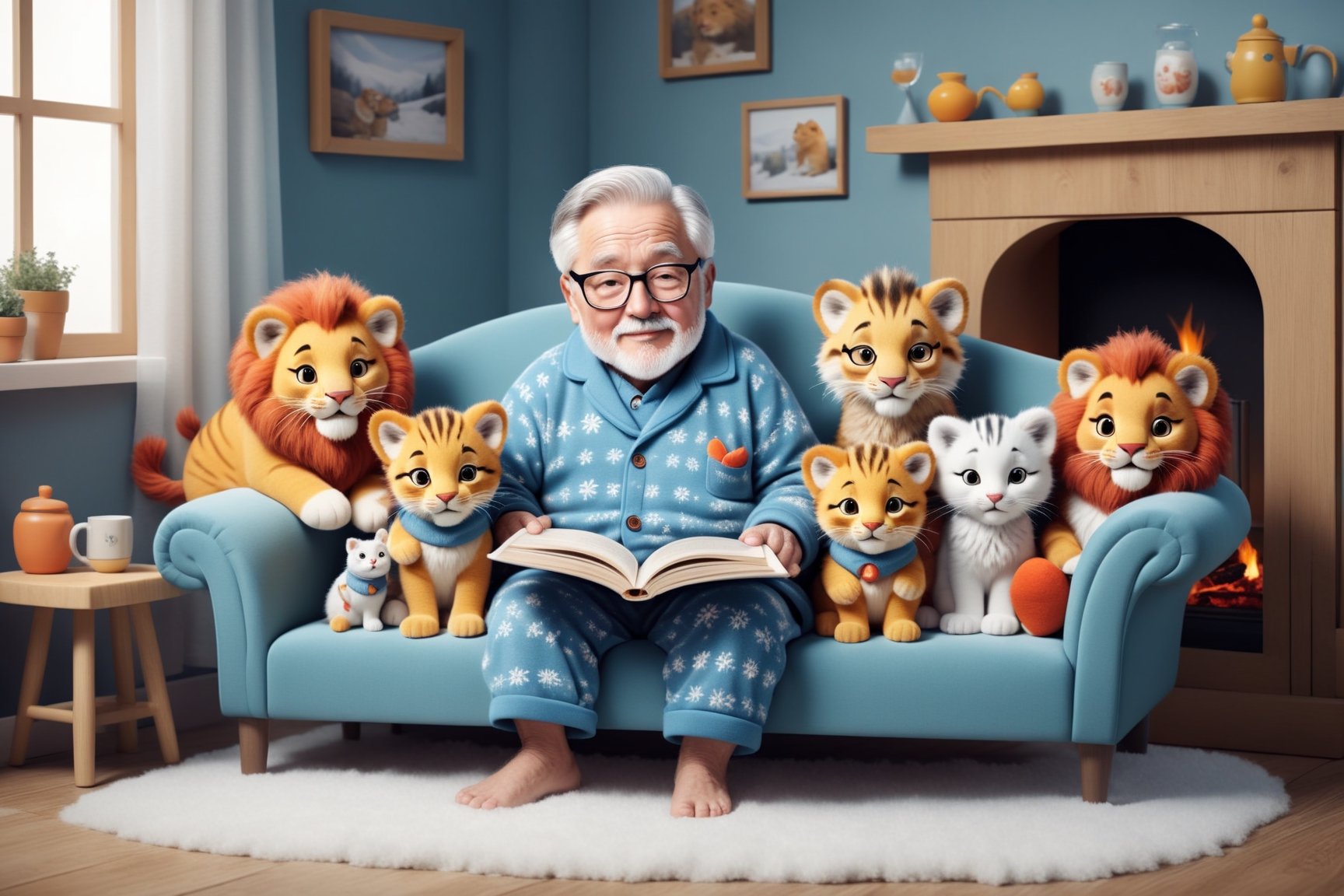 what a cozy scene of granpa mister anthropo lionman as a granpa wearing cute pajama sit on a comfy colorful sofa:0.3 and reading a cute childbook:0.4 to his grandchildren lioncubs wearing children fluffy clothes sit on the beautiful carpet around him to hear the story:0.5, inside, adorned cute fireplace with cute photos standing above illuminates the scene:0.3, exceptional lion and lioncub anatomy, very cute composition, they wear cozy cute winter clothes, granpa wears glasses too, cozy family together style, colorful and warm, we can see snow falling throw the cute window,Movie Still,3d figure