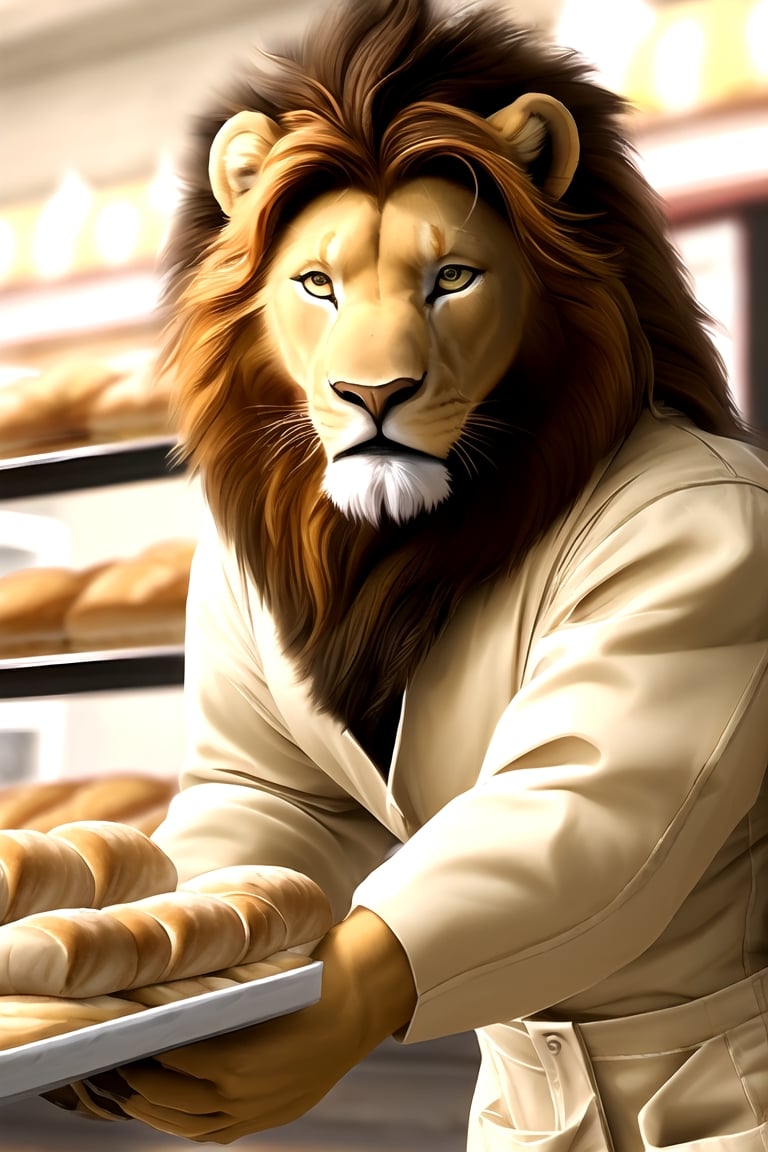 (best quality, high quality):1.3, a antho-lion man wearing coverall buy bread at the bakery, symmetric lion head face, realistic fur and mane with dynamic movement, dynamic view, colorful, very clear, very smooth, indoors, absurdres, intricate, real life, perfect lionman anatomy, accurate paws and tail, ,Epicrealism