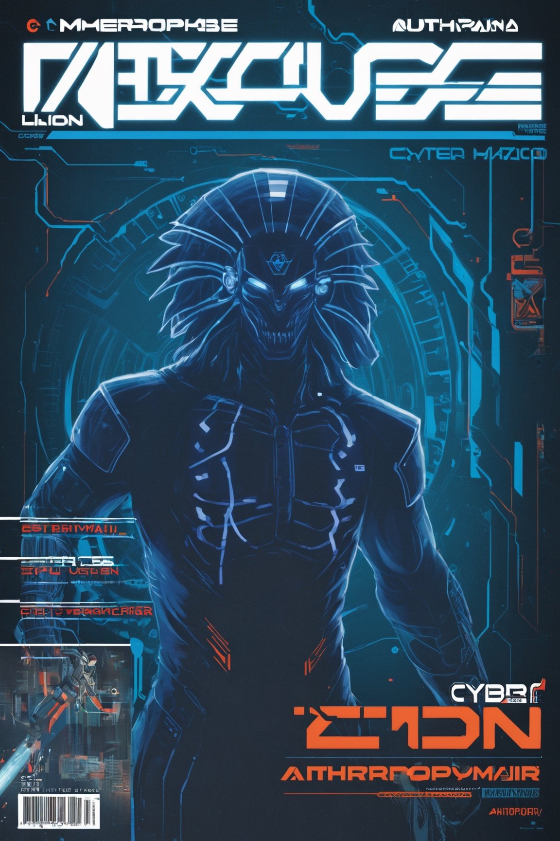 best male anthropomorphic Lion-man   cyberpunk magazine cover, best lion anatomy, anthropo-lion-man,cyber-graphics