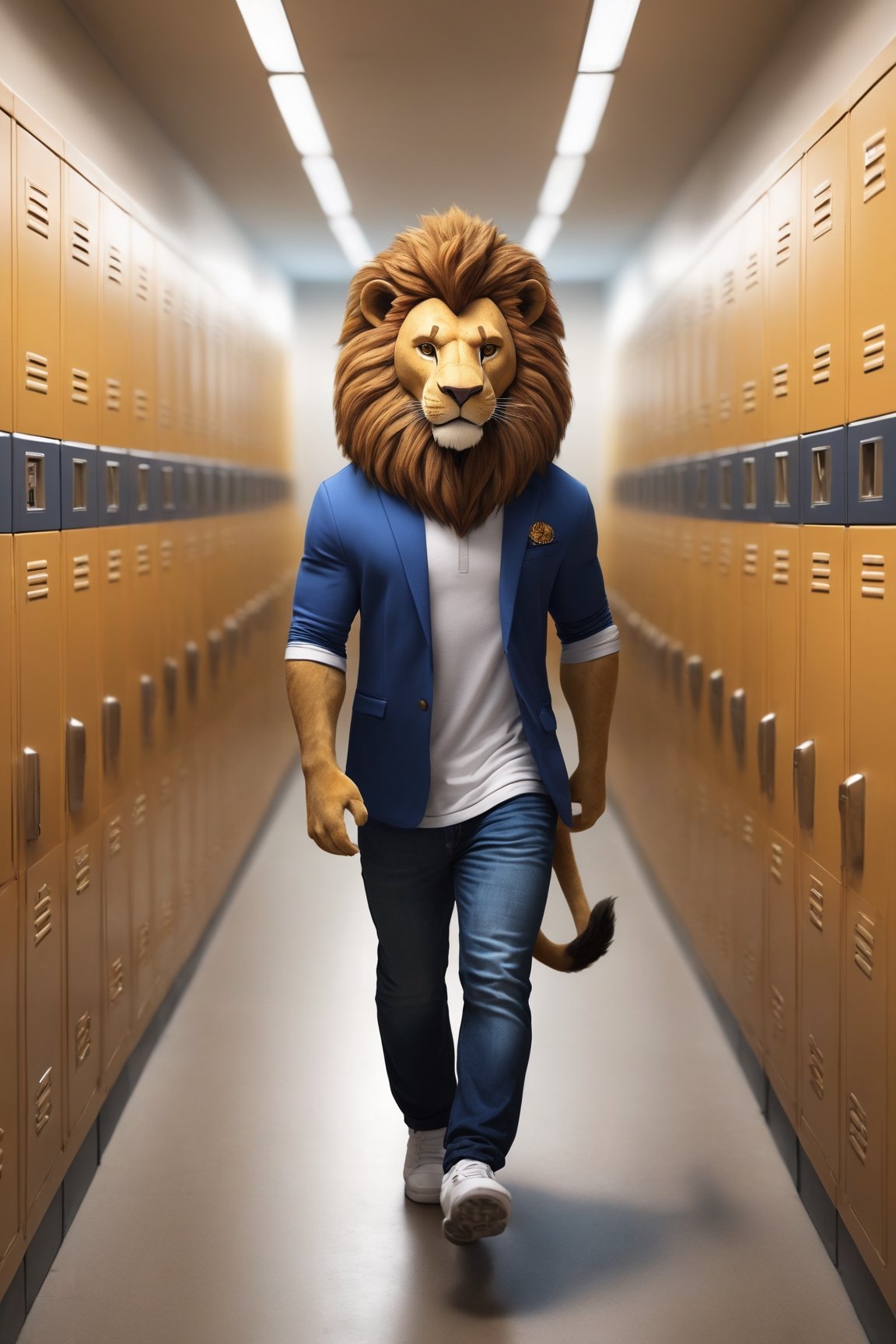 Top Anthro-Lionman wearing male college clothes walking in the lockerroom corridor, human love him, best quality, creative, best handsome cute lion, best lion anatomy, very well formed pawns and tail and mane, very symmetric male lion head, ultra resolution, very detailed, real life, new, newest, fun, 🦁 