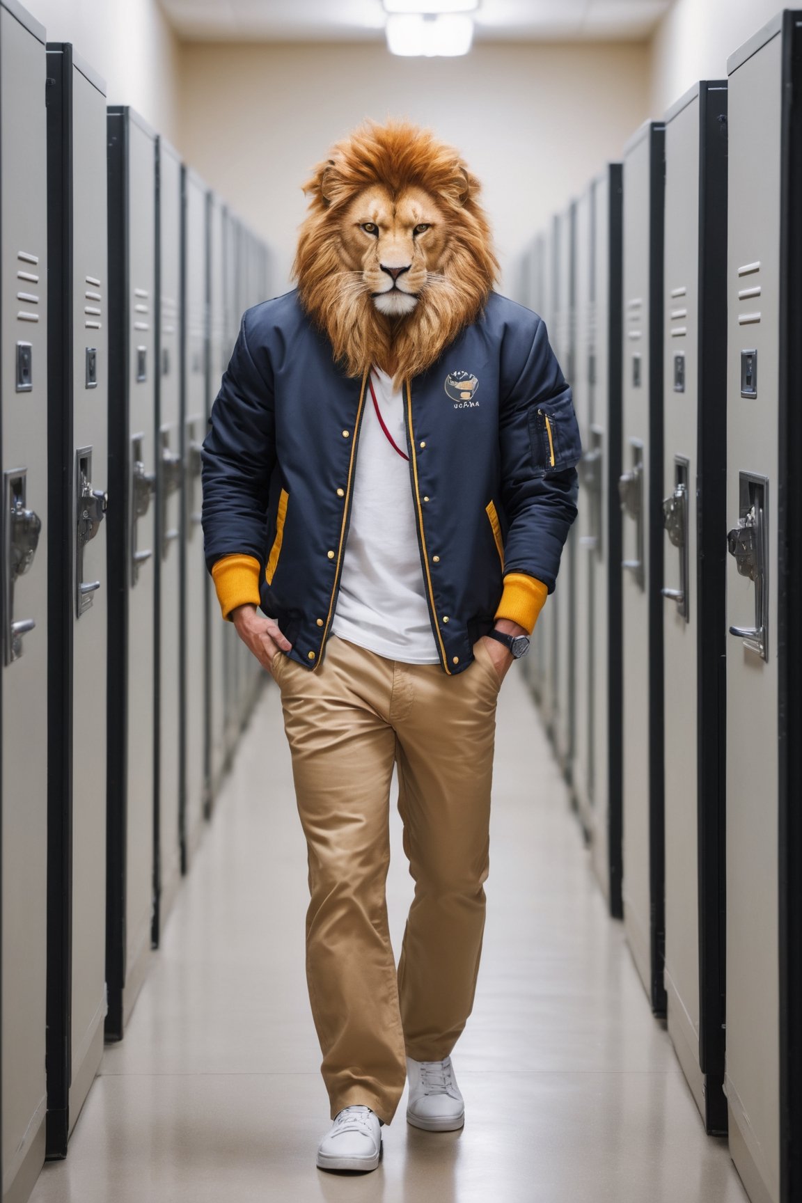 Top Anthro-Lionman wearing male college jacket clothes walking in the lockerroom corridor, human love him, best quality, creative, best handsome cute lion, best lion anatomy, very well formed pawns and tail and mane, very symmetric male lion head, ultra resolution, very detailed, real life, new, newest, fun, 🦁 composition, we love 🦁, roar!, meow!