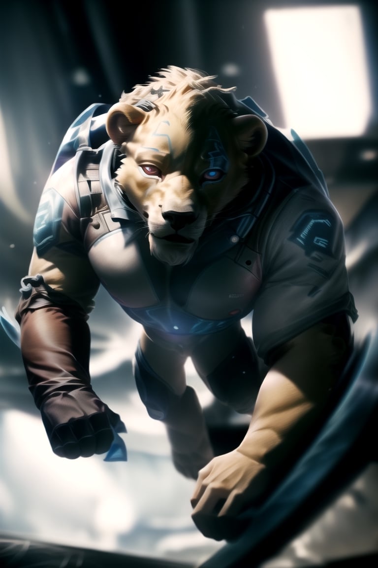 (best quality, high quality):1.3, a antho-lion man wearing male scifi outfit fighting bravely, realistic combat pose:1.3, holds weapon, solo, realistic hold katana movement, symmetric lion head face, realistic fur and mane with dynamic movement, dynamic view, colorful, very clear, very smooth, indoors, absurdres, intricate, real life, perfect lionman anatomy, accurate paws and tail, cinestill, ,weapon,Volibear/(League of Legends), (male only:1.4), (male clothes only:2),High detailed 