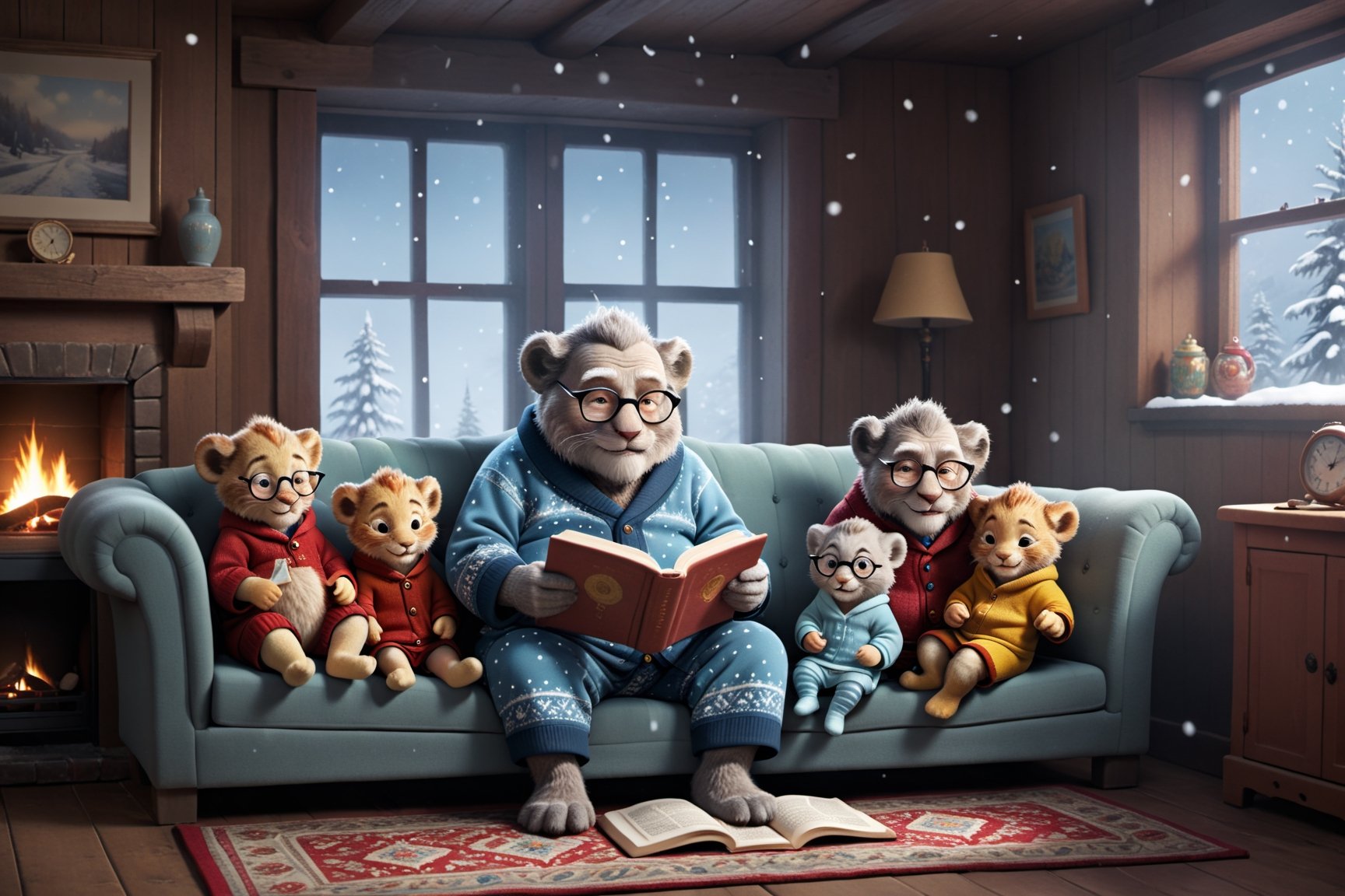 what a cozy scene of granpa mister anthropo lionman as a granpa wearing cute pajama sit on a comfy colorful sofa:0.3 and reading a cute childbook:0.4 to his grandchildren lioncubs wearing children fluffy clothes sit on the beautiful carpet around him to hear the story:0.5, inside, adorned cute fireplace with cute photos standing above illuminates the scene:0.3, exceptional lion and lioncub anatomy, very cute composition, they wear cozy cute winter clothes, granpa wears glasses too, cozy family together style, colorful and warm, we can see snow falling throw the cute window,Movie Still,3d figure