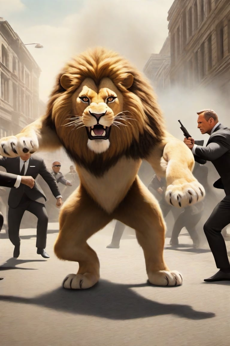 3d Anthro Lion Man wearing James Bond outfit fighting thugs, realistic fur, realistic lion paws and tail movement, James Bond 007 movie style, high action scene, very cinematic, grafitti on a very busy urban street, bright day, ,Movie Still,greg rutkowski,Film Still