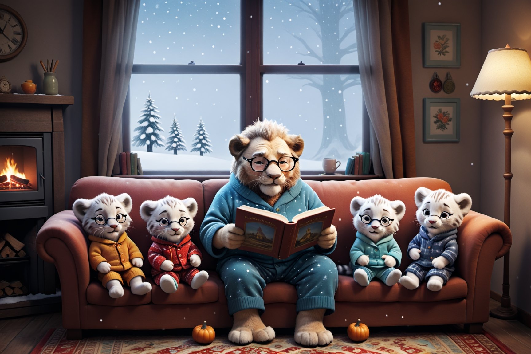 what a cozy scene of granpa mister anthropo lionman as a granpa wearing cute pajama sit on a comfy colorful sofa:0.3 and reading a cute childbook:0.4 to his grandchildren lioncubs wearing children fluffy clothes sit on the beautiful carpet around him to hear the story:0.5, inside, adorned cute fireplace with cute photos standing above illuminates the scene:0.3, exceptional lion and lioncub anatomy, very cute composition, they wear cozy cute winter clothes, granpa wears glasses too, cozy family together style, colorful and warm, we can see snow falling throw the cute window,Movie Still,3d figure