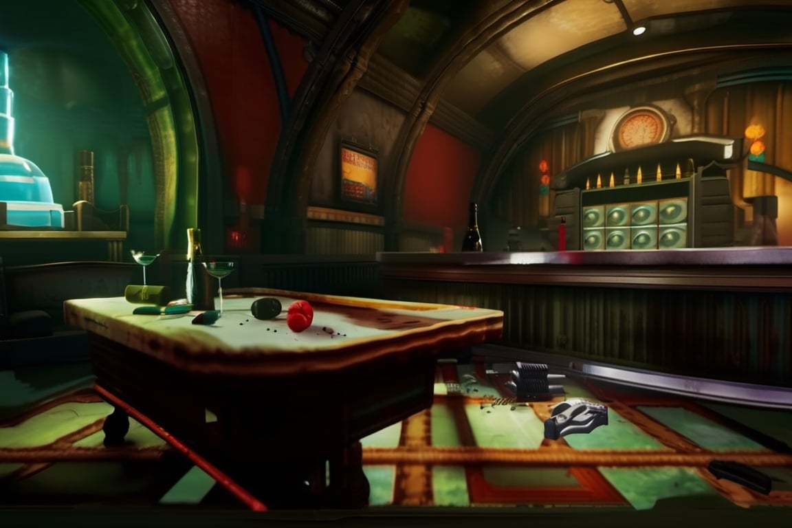  a crazy man trying to break an Adam machine:1.4, a bottle of wine and a remote control on a table , weapon, indoors, gun, table, bottle, scenery , cinematic from Bioshock game series, art deco, seedy, submarine, Rapture, 