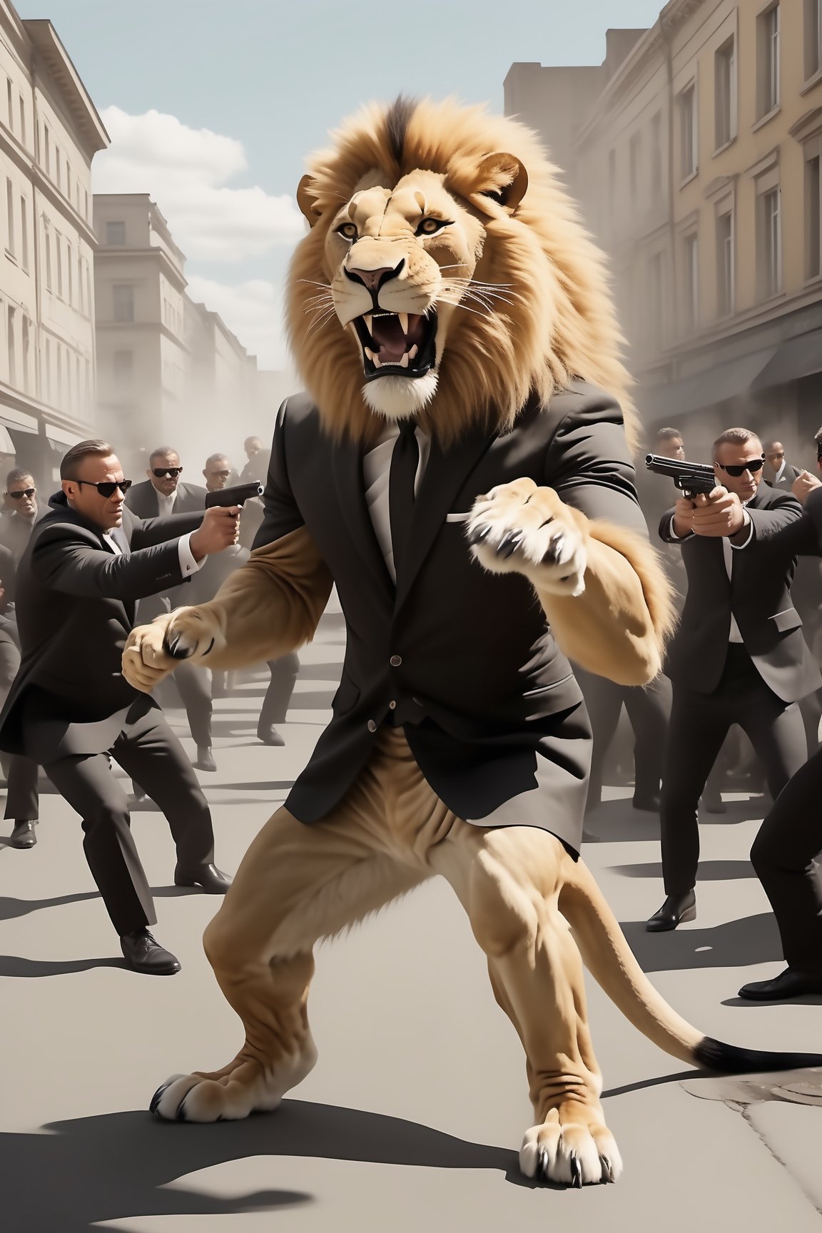 3d Anthro Lion Man wearing James Bond outfit fighting thugs, realistic fur, realistic lion paws and tail movement, James Bond 007 movie style, high action scene, very cinematic, grafitti on a very busy urban street, bright day, ,Movie Still,greg rutkowski,Film Still