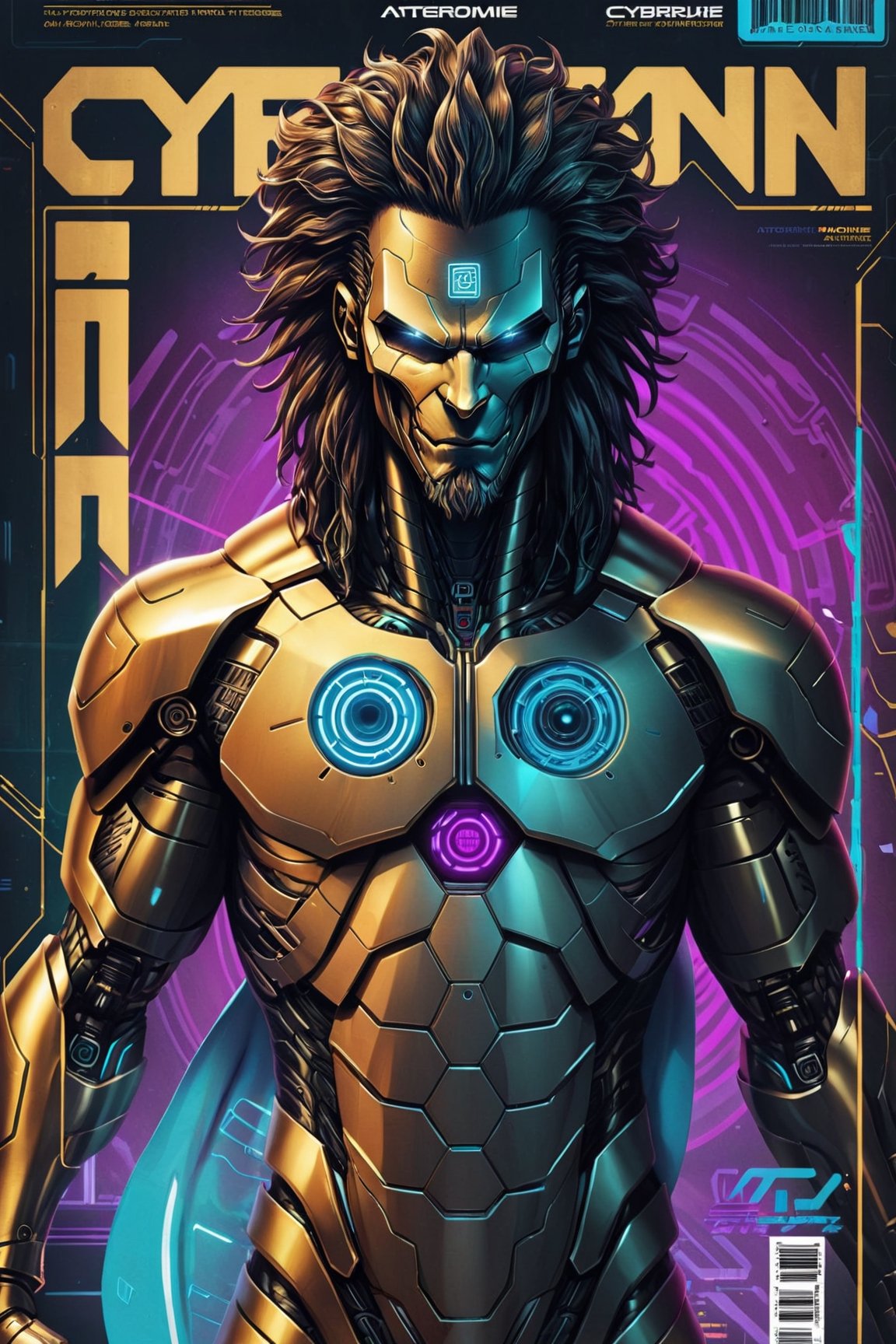 best male anthropomorphic Lion-man   cyberpunk magazine cover, best lion anatomy, anthropo-lion-man,cyber-graphics