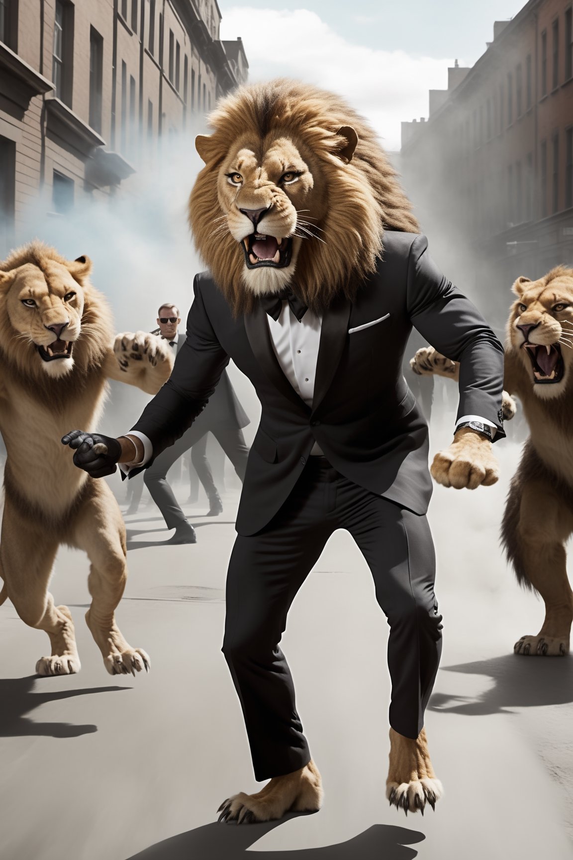 3d Anthro Lion Man wearing James Bond outfit fighting thugs, realistic fur, realistic lion paws and tail movement, James Bond 007 movie style, high action scene, very cinematic, grafitti on a very busy urban street, bright day, ,Movie Still,greg rutkowski,Film Still